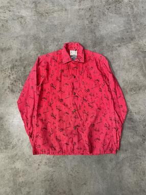Vintage 1950s Pilgrim Loop Collar Red Printed Dress Shirt vtg 50s distressed